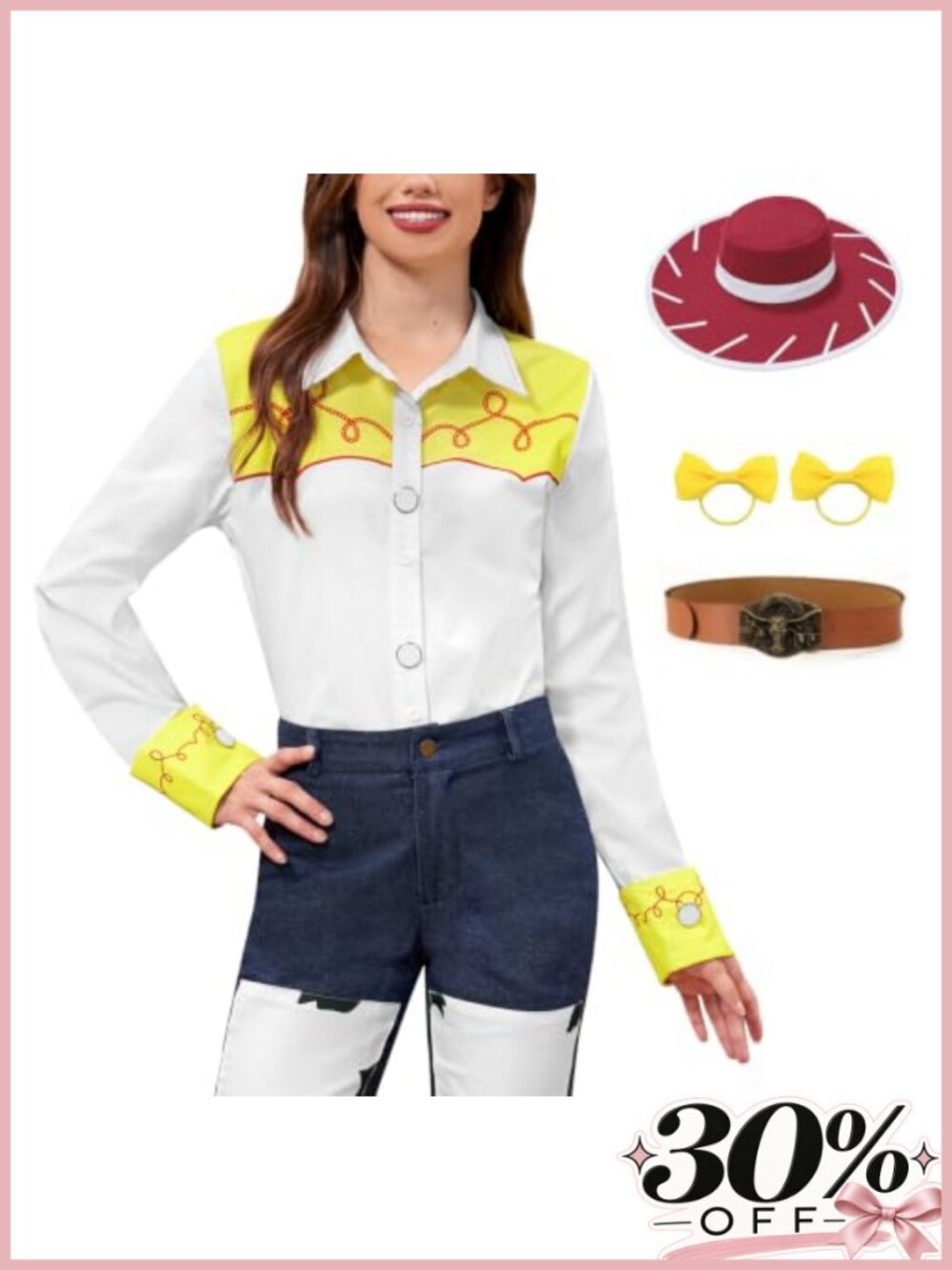 Women's Cowgirl Costume Set Button Down Top Hat Belt Western Halloween 4 Piece